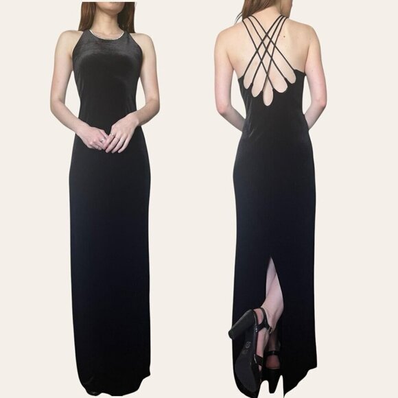 Onyx Nite Dresses & Skirts - Onyx Nite 90s black velvet x-back diamante high neck formal dress vintage Medium